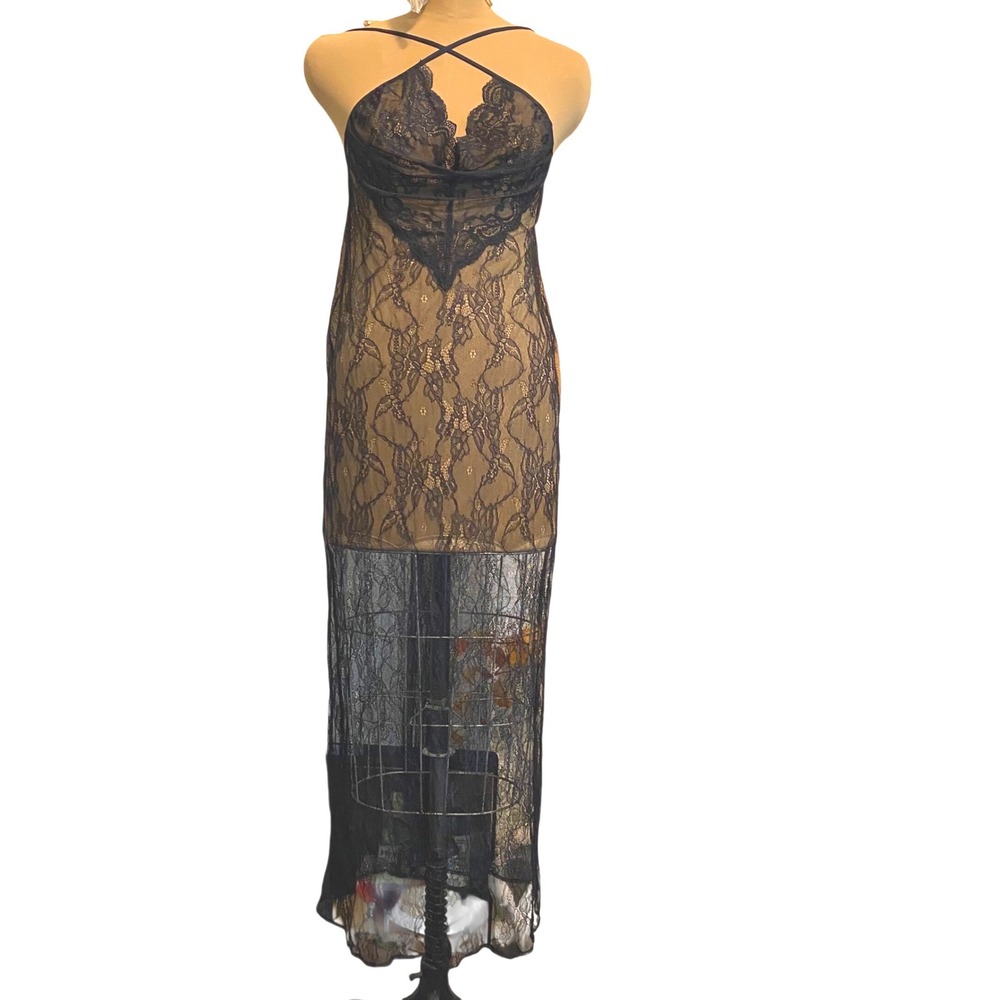 Adore Me Maxi Slip Dress Goth Romantic Sheer Floral Lace Womens Small Black